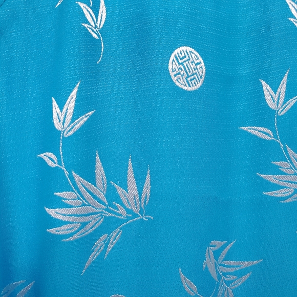 Aqua Blue and Silver Floral Cheongasm Maxi Long Sleeve Dress - Picture 6 of 15